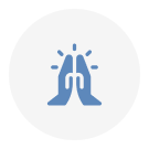 Blue praying hands icon with light rays on a white circular background.
