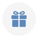 Blue gift box icon with a bow on white circular background.
