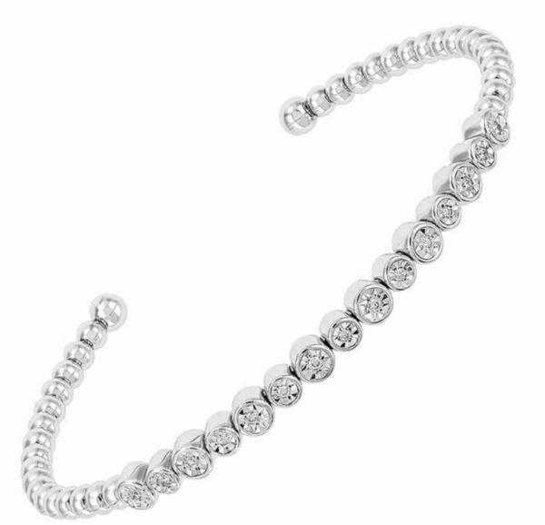 Elegant silver bracelet with round diamond accents.