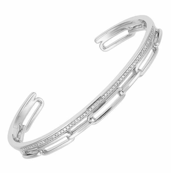 Elegant silver cuff bracelet with intricate chain and bead details.