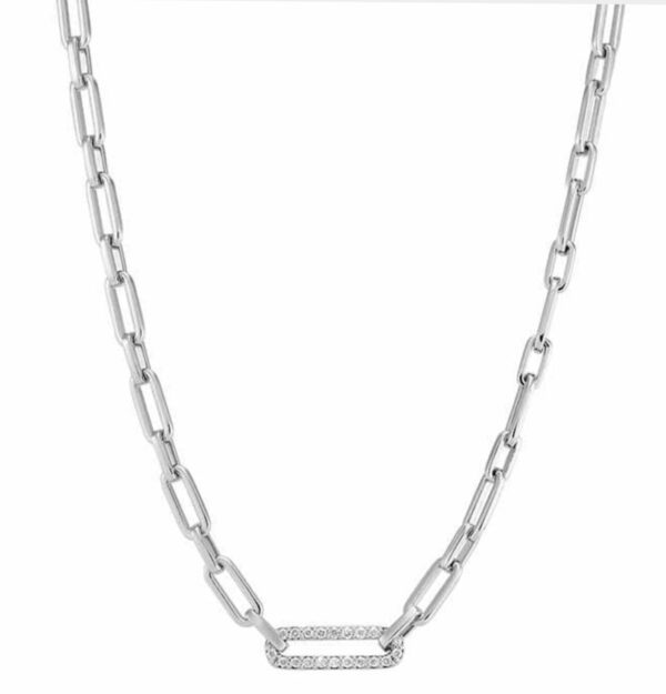 Silver chain necklace with rectangular links and a bar pendant.
