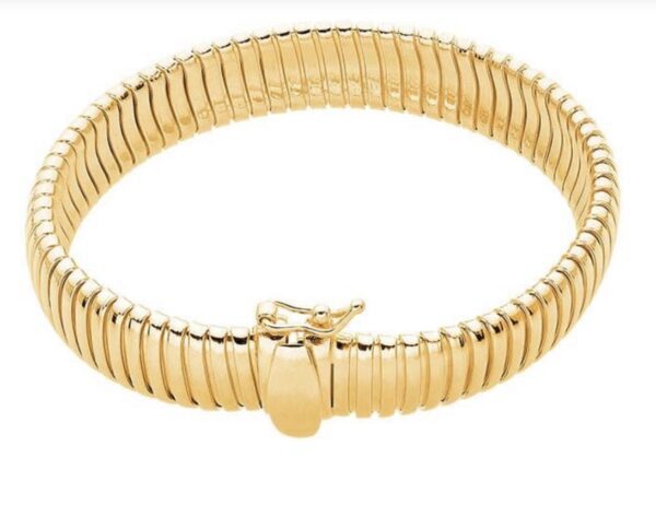 Elegant gold bracelet with a flexible band and clasp.