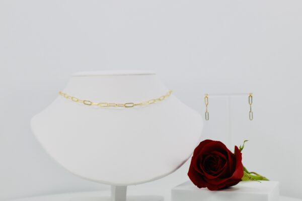 Elegant gold jewelry set displayed with a red rose.
