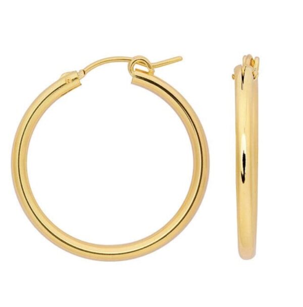 A pair of classic gold hoop earrings with a smooth finish.