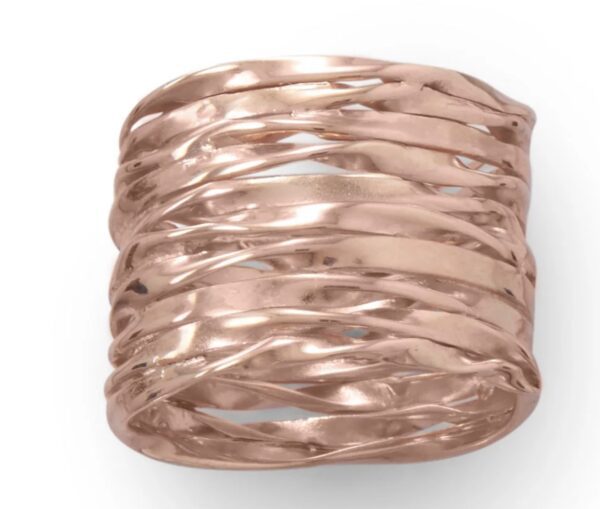 Wide rose gold textured ring with a wavy pattern.