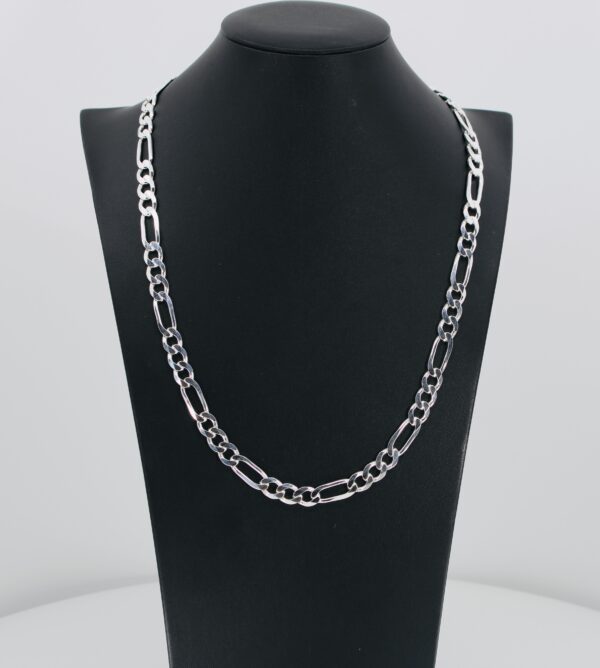 Elegant silver chain necklace displayed on a black bust stand.